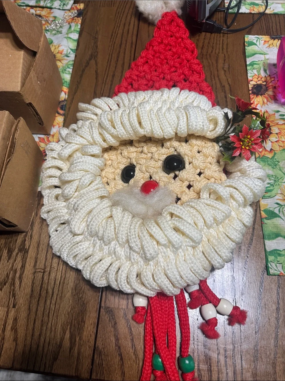 Handmade Crochet Santa Face Wall Hanging - Cream & Red